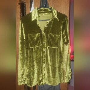 Anthropologie Olive Green Velvet Button Down Shirt